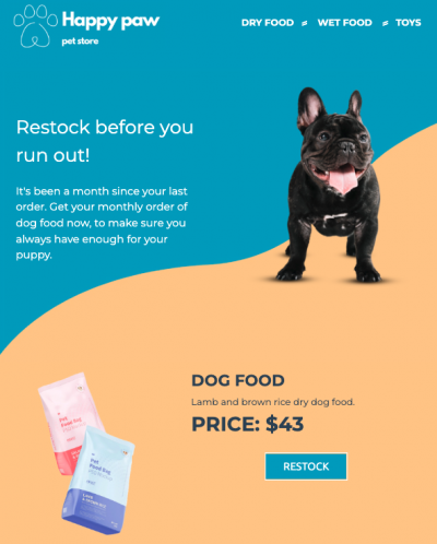 A reminder about the repeated purchase of dog food.